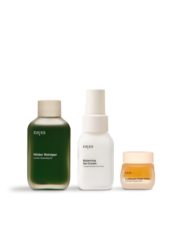 Milder Reiniger, Balancing Gel Cream und Punktuelle Pickel Paste von nkm