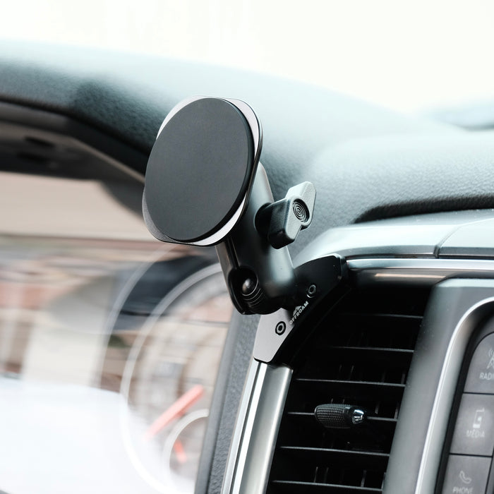 Image of Offroam MagSafe-compatible Phone Mount installed securely in Ram 1500/2500/3500 2013-2018 & 1500 Classic 2019-2024. This premium phone mount installs easily without drilling or glue. High force magnets hold phone on any trail, road, or track. Perfect placement without blocking screens, driver view, or air flow. Fully adjustable positioning.