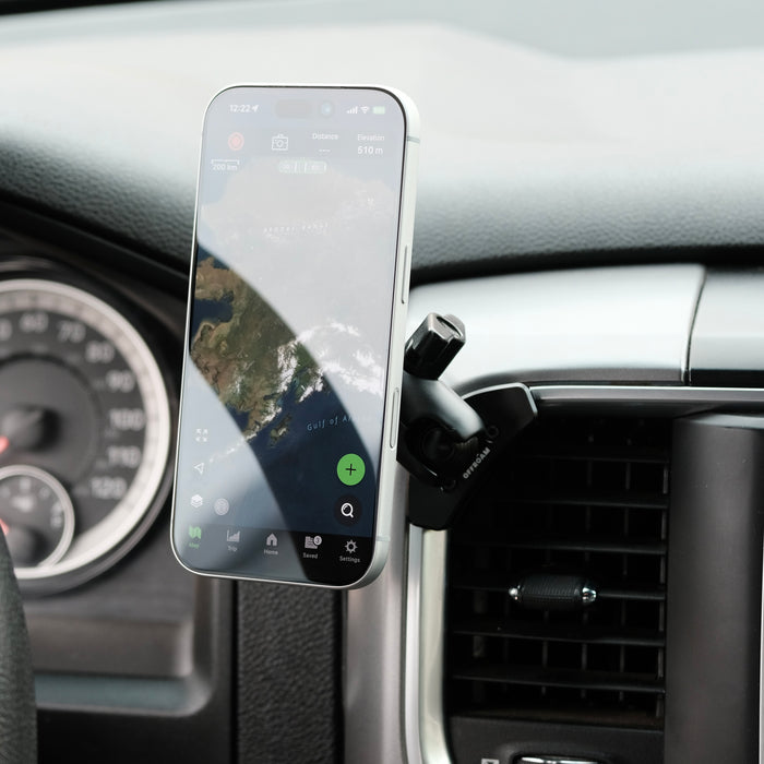 Image of Offroam MagSafe-compatible Phone Mount installed securely in Ram 1500/2500/3500 2013-2018 & 1500 Classic 2019-2024. This premium phone mount installs easily without drilling or glue. High force magnets hold phone on any trail, road, or track. Perfect placement without blocking screens, driver view, or air flow. Fully adjustable positioning.