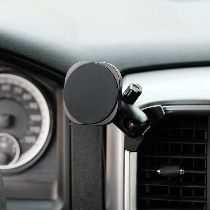 Image of Offroam MagSafe-compatible Phone Mount installed securely in Ram 1500/2500/3500 2013-2018 & 1500 Classic 2019-2024. This premium phone mount installs easily without drilling or glue. High force magnets hold phone on any trail, road, or track. Perfect placement without blocking screens, driver view, or air flow. Fully adjustable positioning.