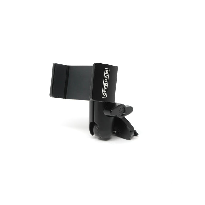 Image of Offroam Phone Mount installed securely in Ram 1500/2500/3500 2013-2018 & Ram Classic 2019-2024. This premium phone mount installs easily without drilling or glue. Spring loaded Universal holder for use with any phone. Perfect placement without blocking screens, driver view, or air flow. Fully adjustable positioning.