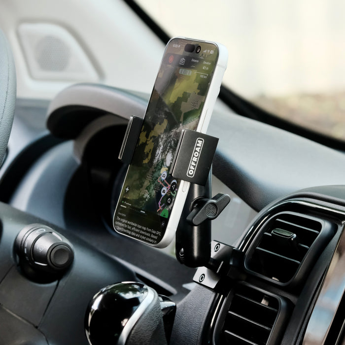 Image of Offroam Phone Mount installed securely in RAM ProMaster 2022-2026. This premium phone mount installs easily without drilling or glue. Spring loaded Universal holder for use with any phone. Perfect placement without blocking screens, driver view, or air flow. Fully adjustable positioning.