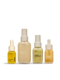 Angeordnete Produkte von nkm: 0,3% Retinol Serum, Erfrischender Reiniger, Erneuernde Feuchtigkeitscreme und Antioxidatives Zellschutzserum.
