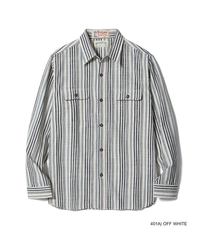 SC29592 FICTION ROMANCE 5.5oz. INDIGO STRIPE WORK SHIRT - OFF WHITE