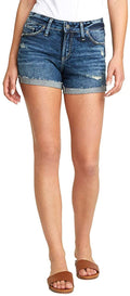Women's Silver Jeans Suki Mid Rise Short in Distressed Dark Indigo from the front
