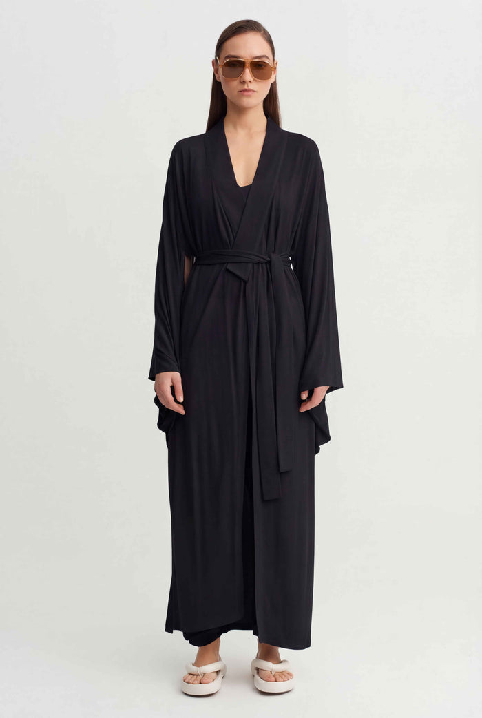 Siyah Bağlamalı Uzun Kimono-Y265015039