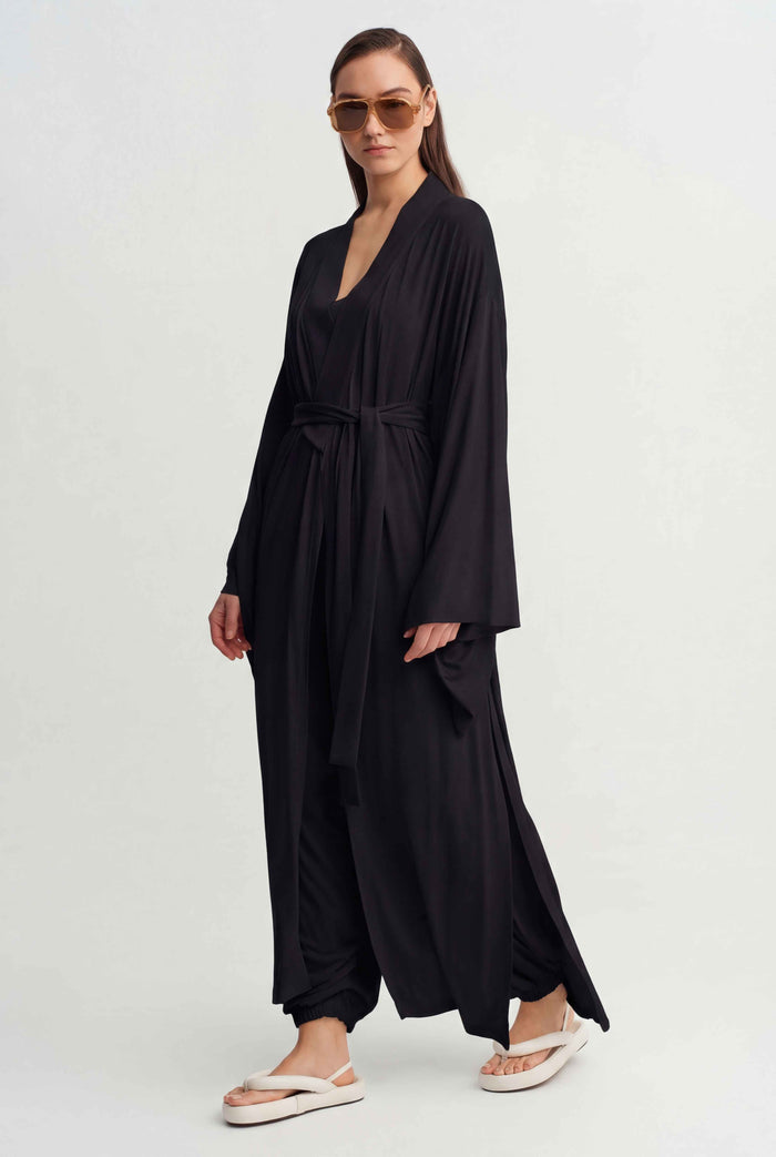 Siyah Bağlamalı Uzun Kimono-Y265015039