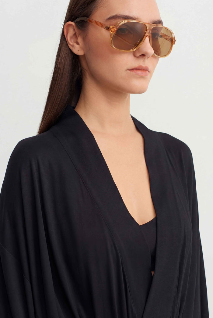 Siyah Bağlamalı Uzun Kimono-Y265015039