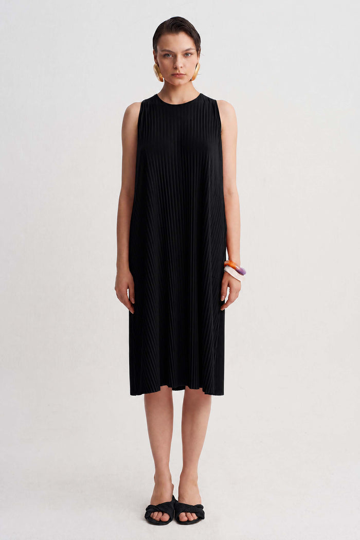 Siyah Jarse Plise Midi Elbise-Y264014127