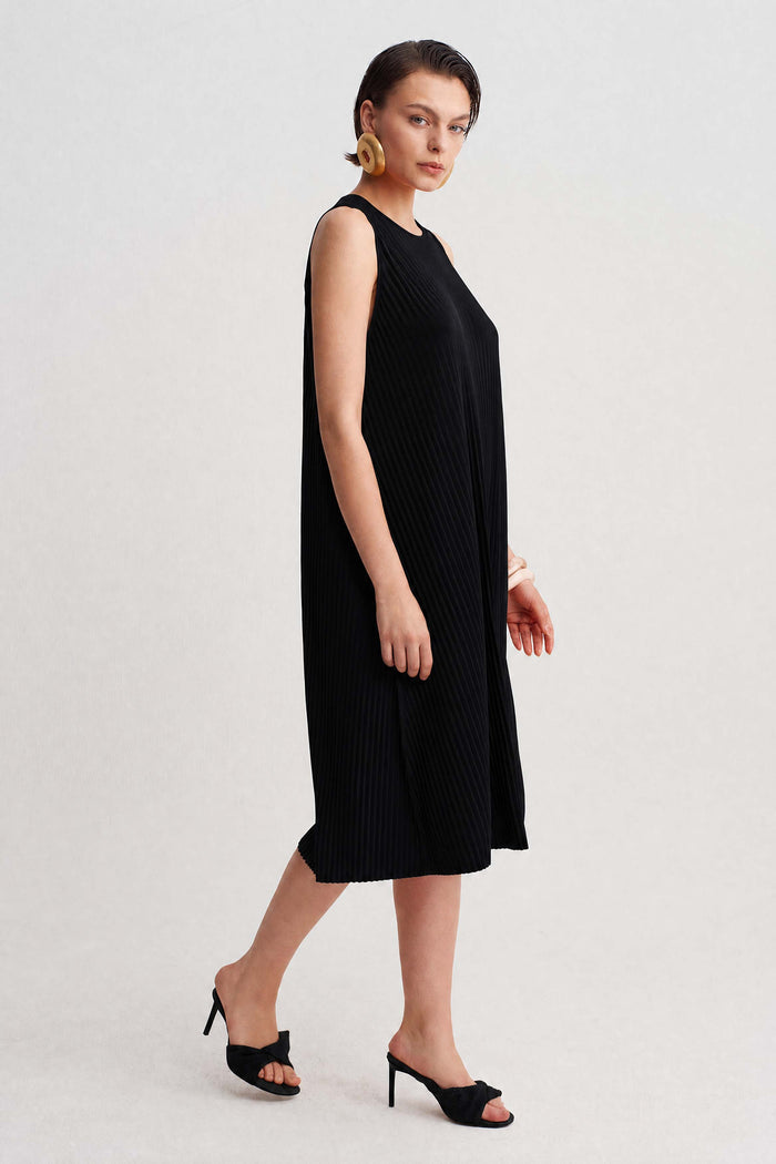 Siyah Jarse Plise Midi Elbise-Y264014127