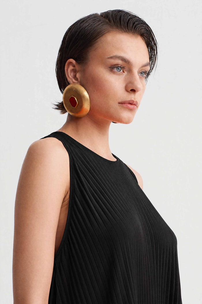 Siyah Jarse Plise Midi Elbise-Y264014127