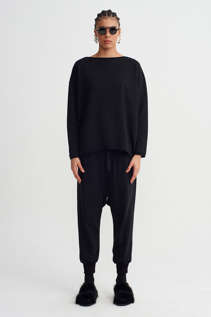 Siyah Oversize Düşük Omuz Sweatshirt-K261011023