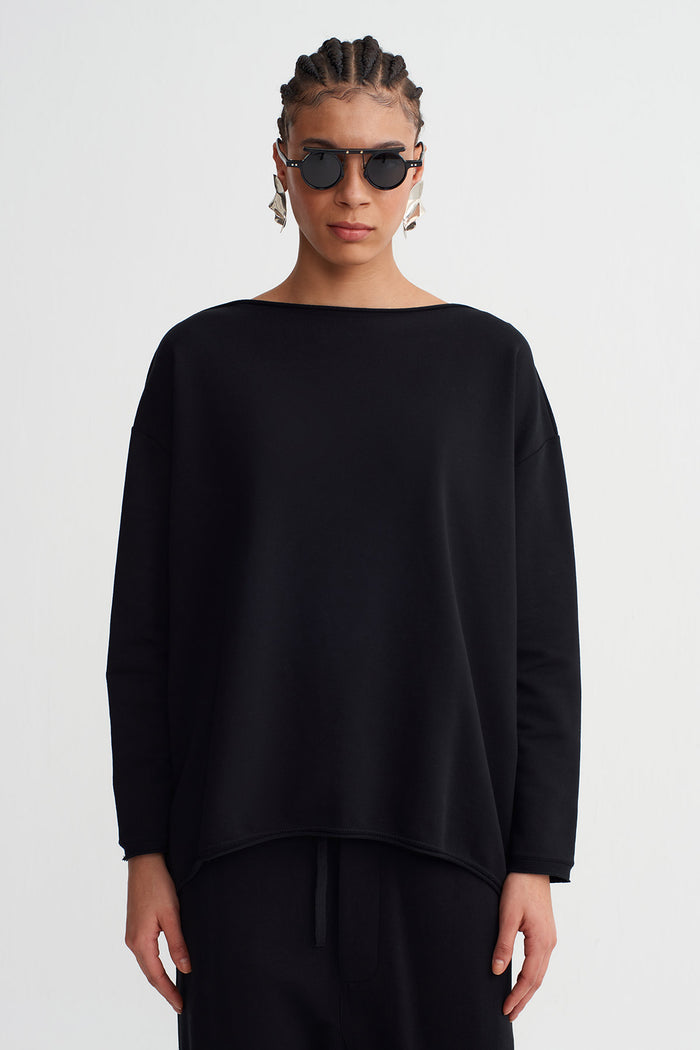 Siyah Oversize Düşük Omuz Sweatshirt-K261011023