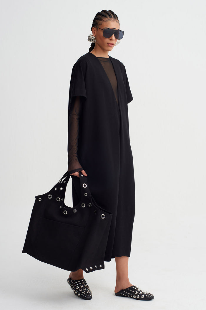 Siyah V Yaka Oversize Midi Elbise-K264014005