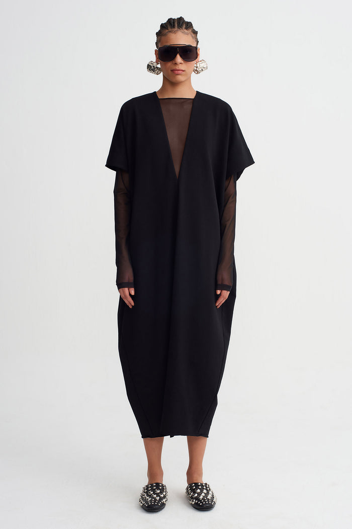Siyah V Yaka Oversize Midi Elbise-K264014005