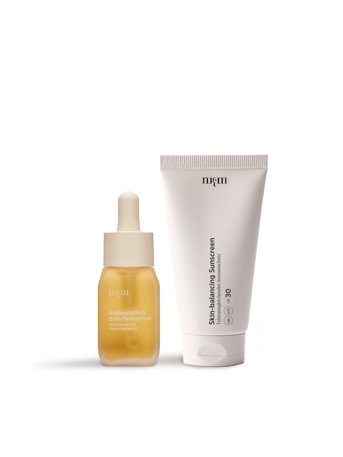 Antioxidatives Zellschutzserum und Skin-balancing Sunscreen von nkm im Duo