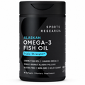 Black container of Sports Research Alaskan Omega-3 Fish Oil on a white background
