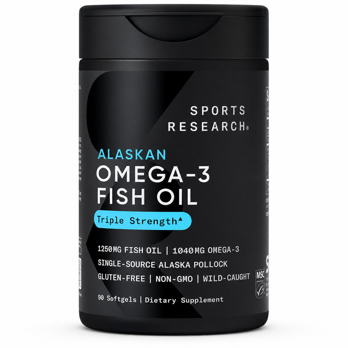 Black container of Sports Research Alaskan Omega-3 Fish Oil on a white background