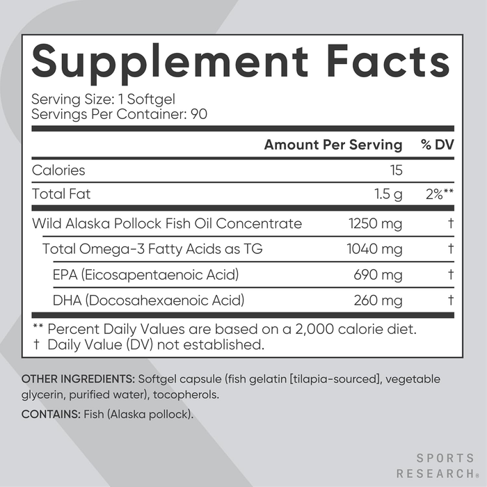 Supplement facts label for Wild Alaska Pollock Fish Oil Concentrate on a gray background