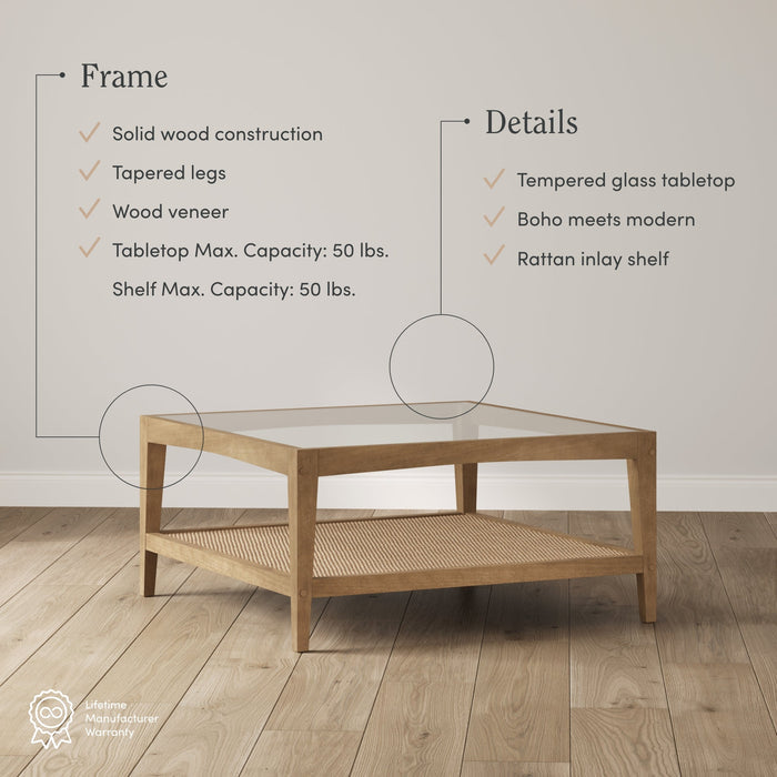 Square Glass & Rattan Coffee Table with Solid Wood Legs - Nathan James