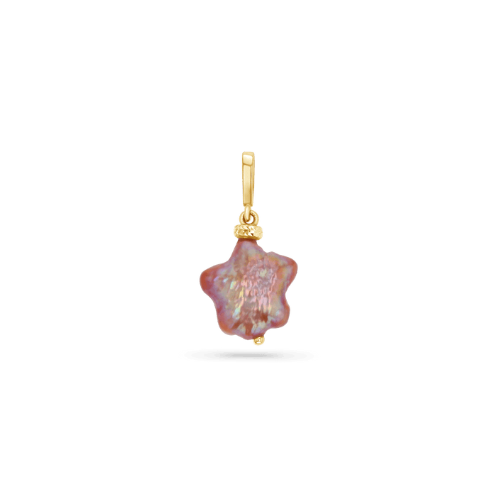 14K solid gold jewelry charm with pink freshwater pearl shaped as a star.