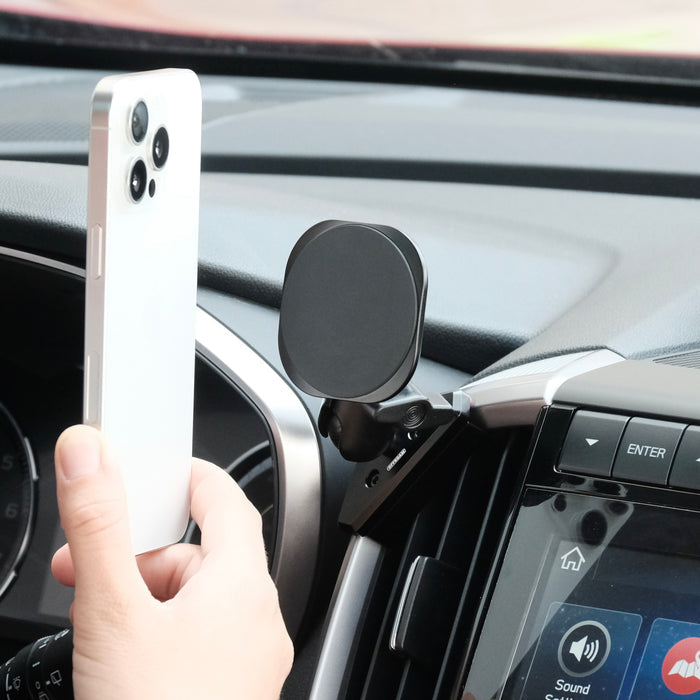 Image of Offroam MagSafe-compatible Phone Mount installed securely in Subaru Ascent 2019-2022. This premium phone mount installs easily without drilling or glue. High force magnets hold phone on any trail, road, or track. Perfect placement without blocking screens, driver view, or air flow. Fully adjustable positioning.