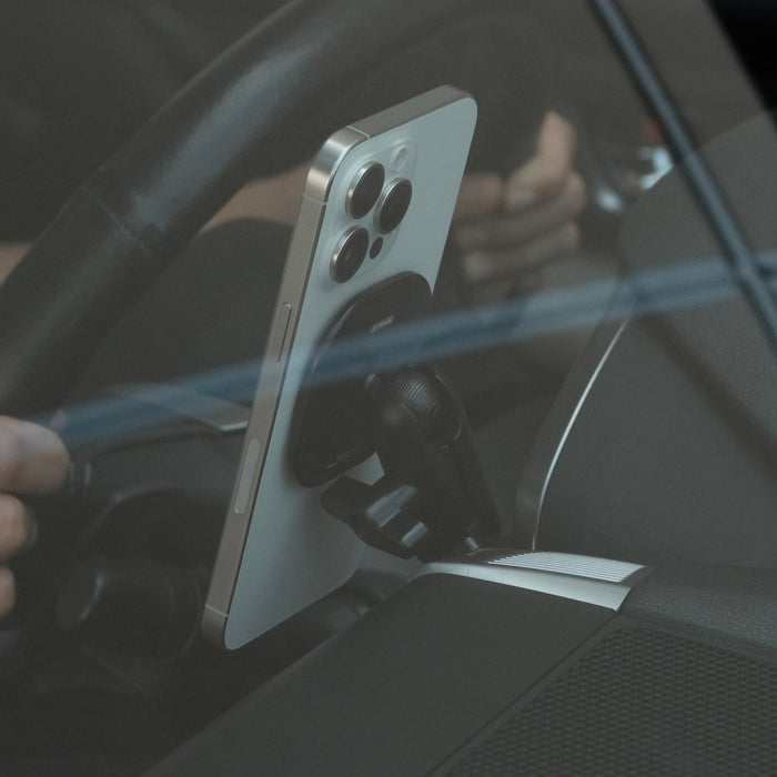Image of Offroam MagSafe-compatible Phone Mount installed securely in Subaru Ascent 2019-2022. This premium phone mount installs easily without drilling or glue. High force magnets hold phone on any trail, road, or track. Perfect placement without blocking screens, driver view, or air flow. Fully adjustable positioning.