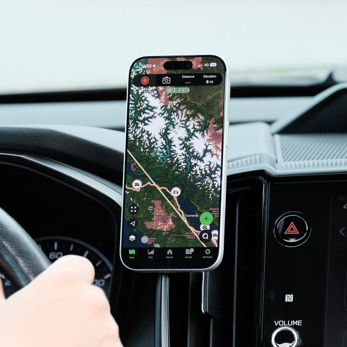 Image of Offroam MagSafe-compatible Phone Mount installed securely in Subaru Ascent 2023-2026. This premium phone mount installs easily without drilling or glue. High force magnets hold phone on any trail, road, or track. Perfect placement without blocking screens, driver view, or air flow. Fully adjustable positioning.