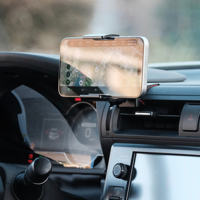 Image of Offroam Phone Mount installed securely in Subaru BRZ 2022-2026 | Toyota GR86 2022-2026. This premium phone mount installs easily without drilling or glue. Spring loaded Universal holder for use with any phone. Perfect placement without blocking screens, driver view, or air flow. Fully adjustable positioning.