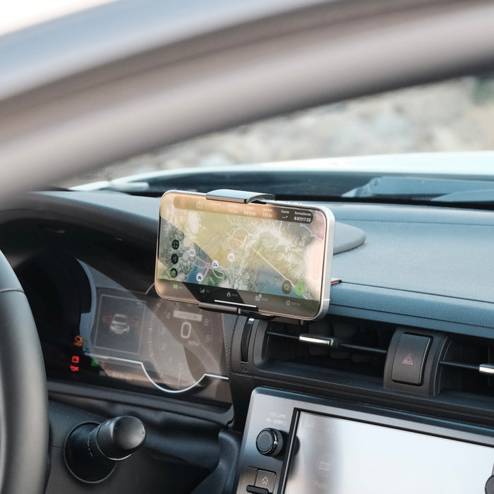 Image of Offroam Phone Mount installed securely in Subaru BRZ 2022-2026 | Toyota GR86 2022-2026. This premium phone mount installs easily without drilling or glue. Spring loaded Universal holder for use with any phone. Perfect placement without blocking screens, driver view, or air flow. Fully adjustable positioning.