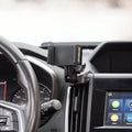 Image of Offroam Phone Mount installed securely in Subaru Crosstrek 2018-2023 | Forester 2019-2024| Impreza 2017-2023. This premium phone mount installs easily without drilling or glue. Spring loaded Universal holder for use with any phone. Perfect placement without blocking screens, driver view, or air flow. Fully adjustable positioning.