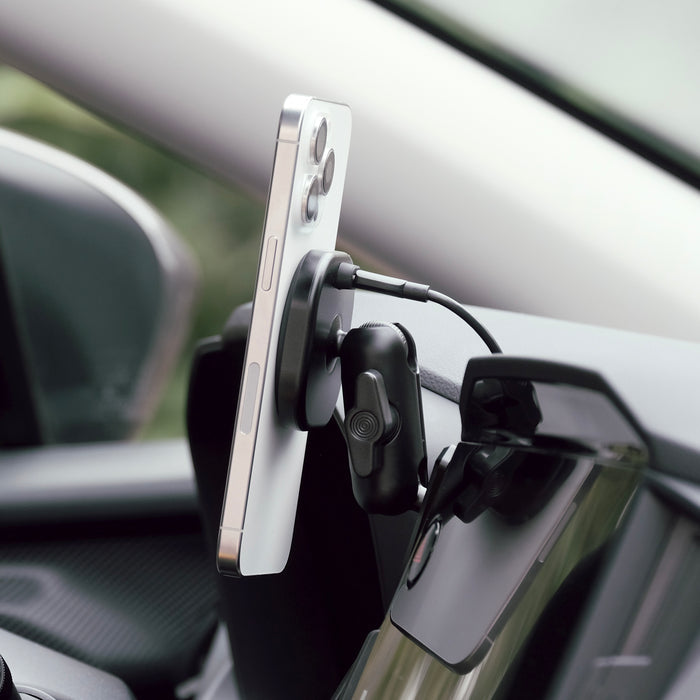 Image of Offroam MagSafe-compatible Phone Mount installed securely in Subaru Crosstrek 2024-2026 | Impreza 2024-2026 | WRX 2022-2026. This premium phone mount installs easily without drilling or glue. High force magnets hold phone on any trail, road, or track. Perfect placement without blocking screens, driver view, or air flow. Fully adjustable positioning.