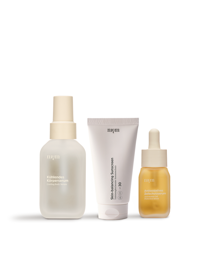 Set von nkm mit Kühlenden Körperserum, Skin-balancing Sunscreen und Antioxidativen Zellschutzserum