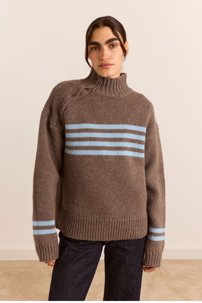 Tallulah High Neck Lambswool Jumper - Brown/Blue