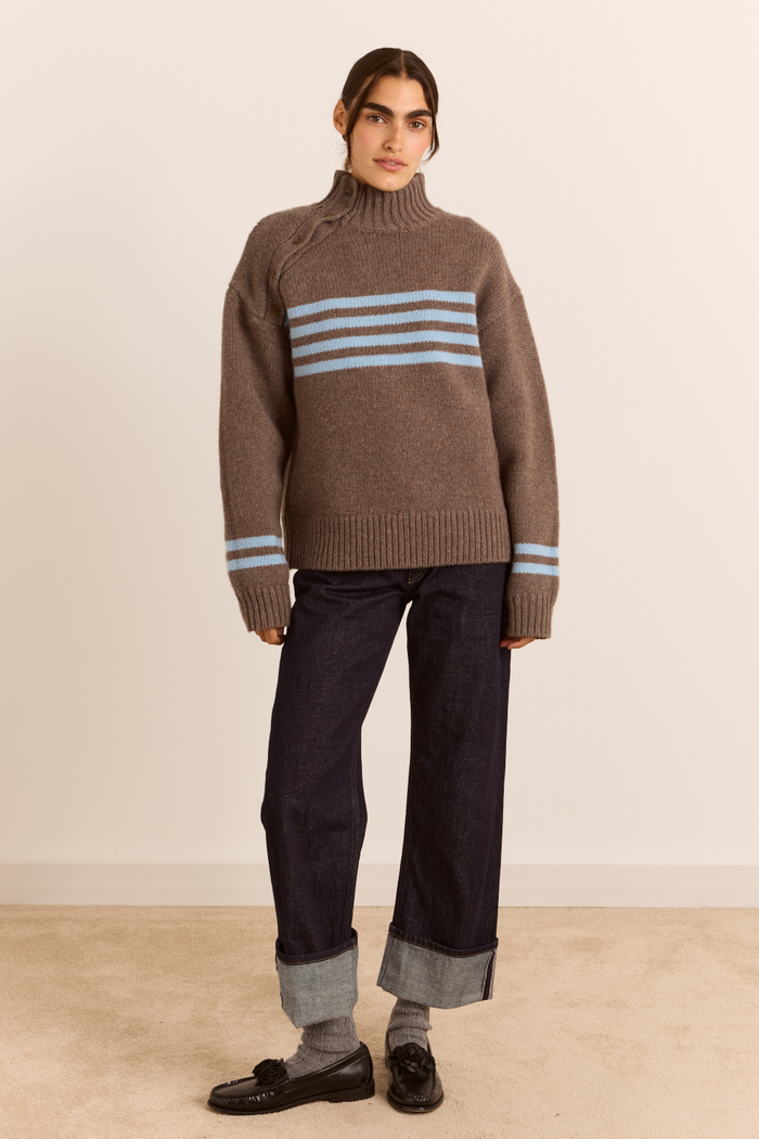 Tallulah High Neck Lambswool Jumper - Brown/Blue