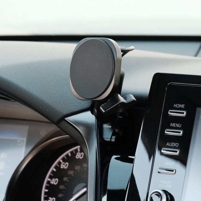 Image of Offroam MagSafe-compatible Phone Mount installed securely in Toyota Camry 2021-2024. This premium phone mount installs easily without drilling or glue. High force magnets hold phone on any trail, road, or track. Perfect placement without blocking screens, driver view, or air flow. Fully adjustable positioning.