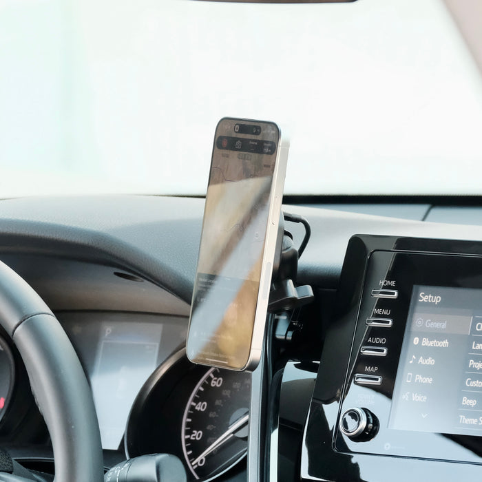 Image of Offroam MagSafe-compatible Phone Mount installed securely in Toyota Camry 2021-2024. This premium phone mount installs easily without drilling or glue. High force magnets hold phone on any trail, road, or track. Perfect placement without blocking screens, driver view, or air flow. Fully adjustable positioning.