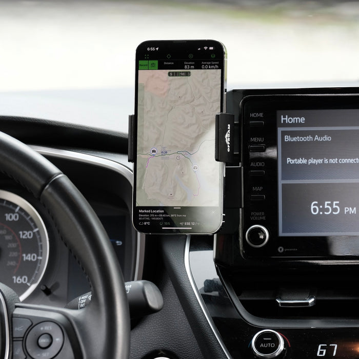 Image of Offroam Phone Mount installed securely in Toyota Corolla 2020-2026 | Corolla Cross 2022-2026. This premium phone mount installs easily without drilling or glue. Spring loaded Universal holder for use with any phone. Perfect placement without blocking screens, driver view, or air flow. Fully adjustable positioning.