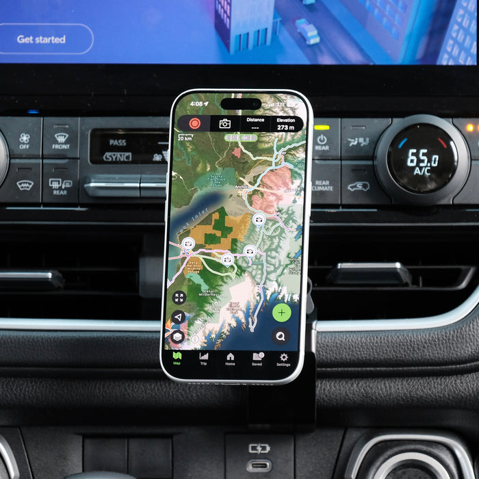 Image of Offroam MagSafe-compatible Phone Mount installed securely in Toyota Grand Highlander 2024-2026. This premium phone mount installs easily without drilling or glue. High force magnets hold phone on any trail, road, or track. Perfect placement without blocking screens, driver view, or air flow. Fully adjustable positioning.