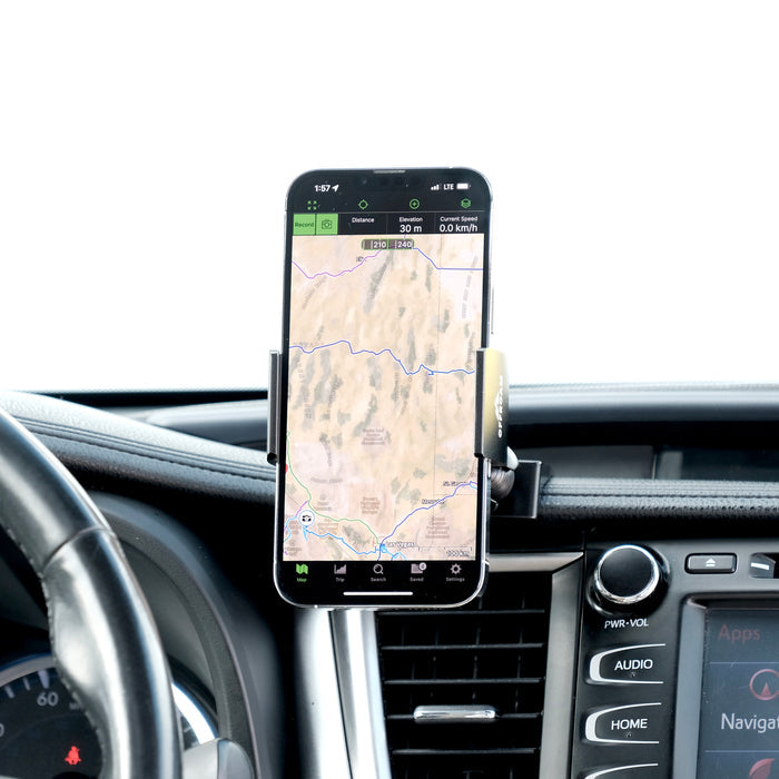 Image of Offroam Phone Mount installed securely in Toyota Highlander 2014-2019. This premium phone mount installs easily without drilling or glue. Spring loaded Universal holder for use with any phone. Perfect placement without blocking screens, driver view, or air flow. Fully adjustable positioning.