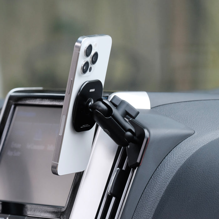 Image of Offroam MagSafe-compatible Phone Mount installed securely in Toyota Land Cruiser 200 2016-2021. This premium phone mount installs easily without drilling or glue. High force magnets hold phone on any trail, road, or track. Perfect placement without blocking screens, driver view, or air flow. Fully adjustable positioning.