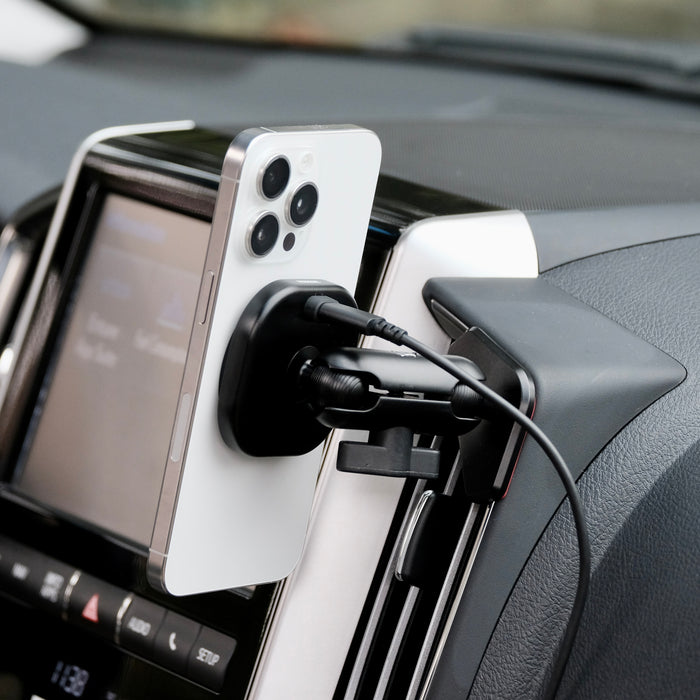 Image of Offroam MagSafe-compatible Phone Mount installed securely in Toyota Land Cruiser 200 2016-2021. This premium phone mount installs easily without drilling or glue. High force magnets hold phone on any trail, road, or track. Perfect placement without blocking screens, driver view, or air flow. Fully adjustable positioning.