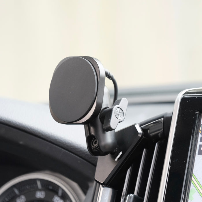 Image of Offroam MagSafe-compatible Phone Mount installed securely in Toyota Land Cruiser 200 2016-2021. This premium phone mount installs easily without drilling or glue. High force magnets hold phone on any trail, road, or track. Perfect placement without blocking screens, driver view, or air flow. Fully adjustable positioning.