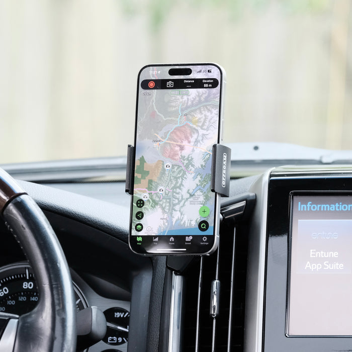 Image of Offroam Phone Mount installed securely in Toyota Land Cruiser 200 2016-2021. This premium phone mount installs easily without drilling or glue. Spring loaded Universal holder for use with any phone. Perfect placement without blocking screens, driver view, or air flow. Fully adjustable positioning.