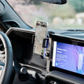 Image of Offroam Phone Mount installed securely in Toyota Land Cruiser 250 2024-2027. This premium phone mount installs easily without drilling or glue. Spring loaded Universal holder for use with any phone. Perfect placement without blocking screens, driver view, or air flow. Fully adjustable positioning.