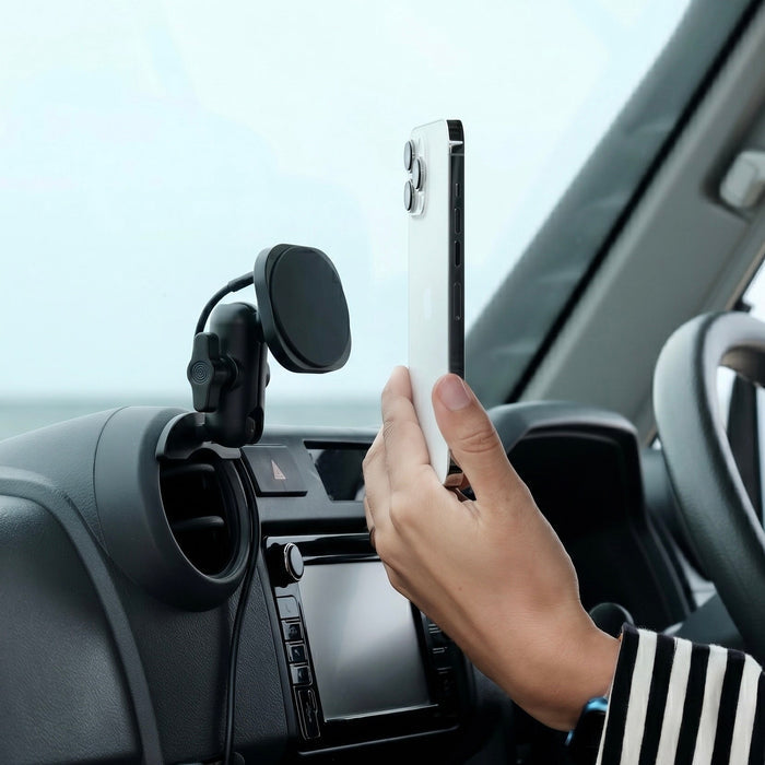 Image of Offroam MagSafe-compatible Phone Mount installed securely in Toyota Land Cruiser 70 2007-2026. This premium phone mount installs easily without drilling or glue. High force magnets hold phone on any trail, road, or track. Perfect placement without blocking screens, driver view, or air flow. Fully adjustable positioning.
