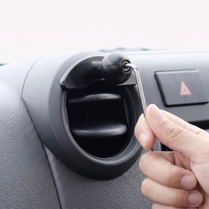 Image of Offroam Mounting Base installation for Toyota Land Cruiser 70 2007-2026. This premium all metal phone mounting base installs easily without drilling or glue. Perfect placement without blocking screens, driver view, or air flow.