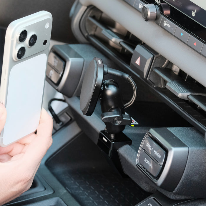 Image of Offroam MagSafe-compatible Phone Mount installed securely in Toyota RAV4 2026. This premium phone mount installs easily without drilling or glue. High force magnets hold phone on any trail, road, or track. Perfect placement without blocking screens, driver view, or air flow. Fully adjustable positioning.