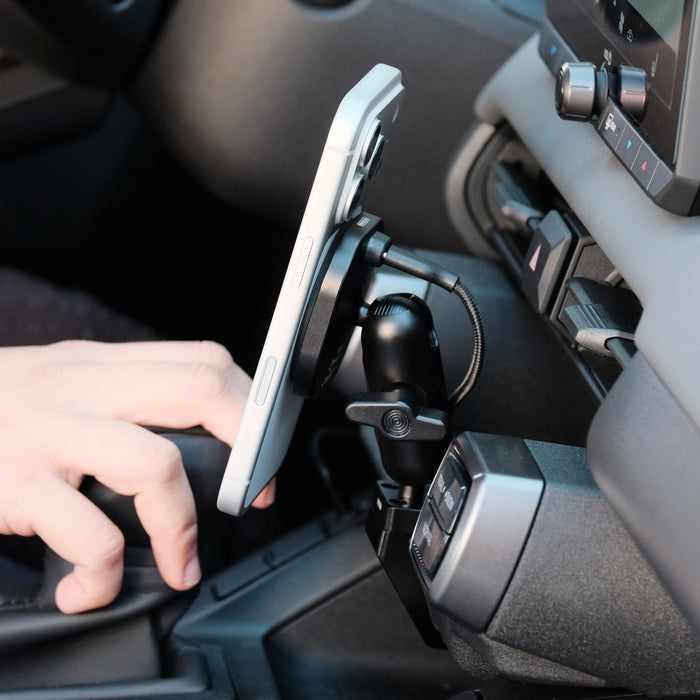Image of Offroam MagSafe-compatible Phone Mount installed securely in Toyota RAV4 2026. This premium phone mount installs easily without drilling or glue. High force magnets hold phone on any trail, road, or track. Perfect placement without blocking screens, driver view, or air flow. Fully adjustable positioning.