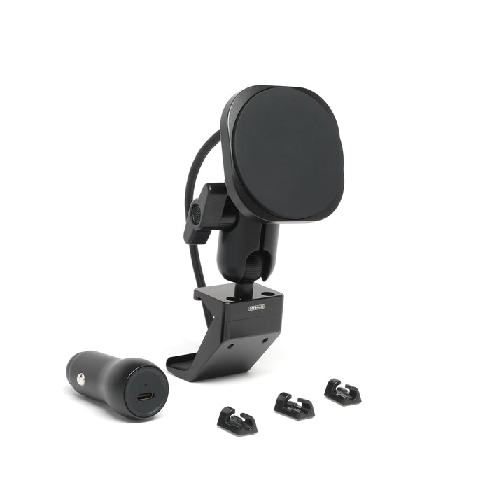 Image of Offroam MagSafe-compatible Phone Mount for Toyota RAV4 2026. This premium phone mount installs easily without drilling or glue. High force magnets hold phone on any trail, road, or track. Perfect placement without blocking screens, driver view, or air flow. Fully adjustable positioning.